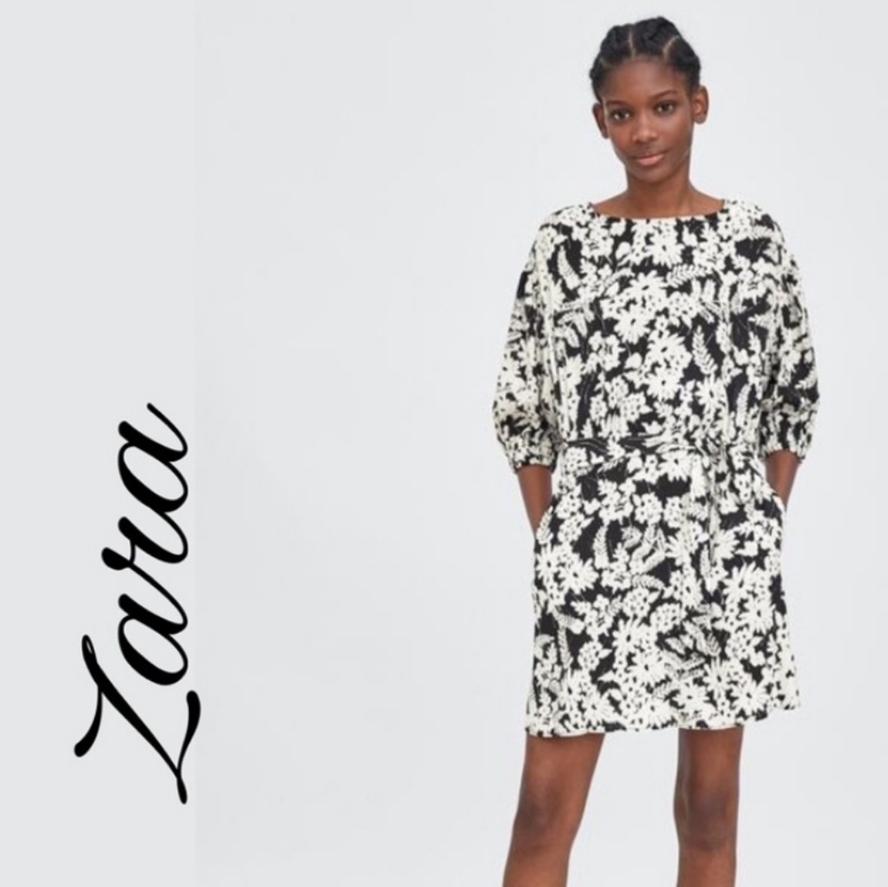 Zara Floral Black/White Dress NWOT